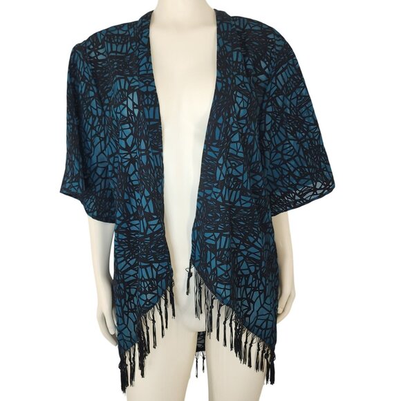 Women's Hot Topic Teal Black Sheer Velvet Fringed Cardigan Kimono Small Geometri - Picture 1 of 7